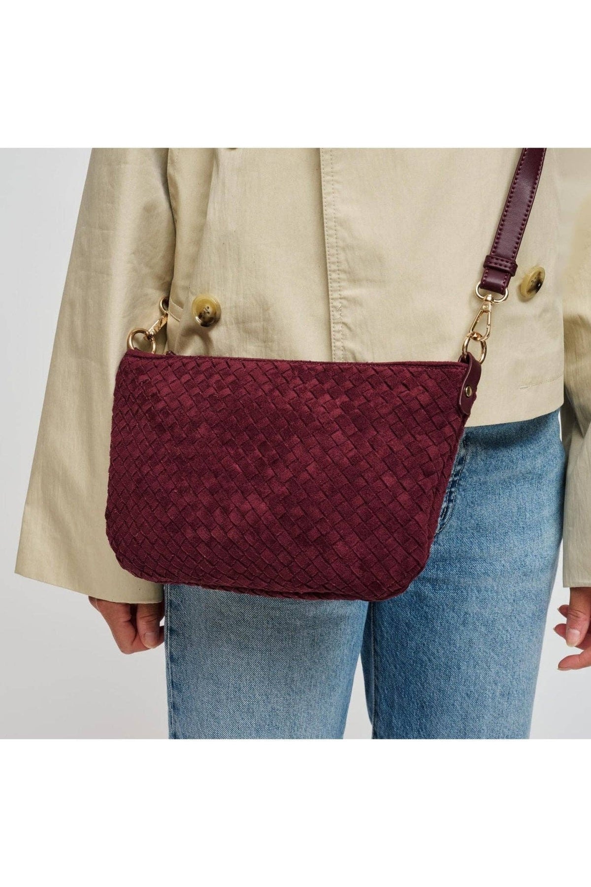 Jordan Burgundy Woven-Texture Shoulder Bag
