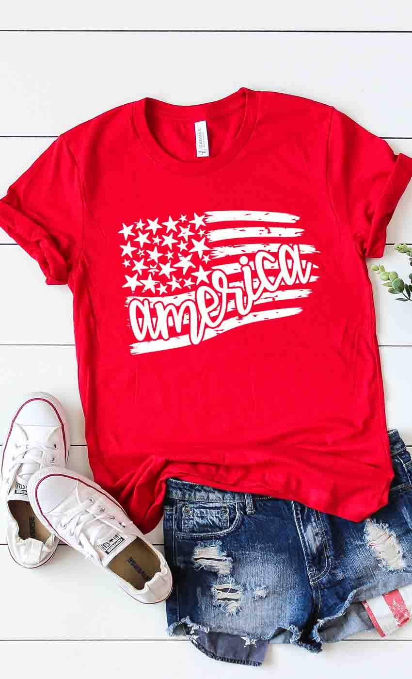 America Flag 4th of July Graphic Tee: Canvas Red