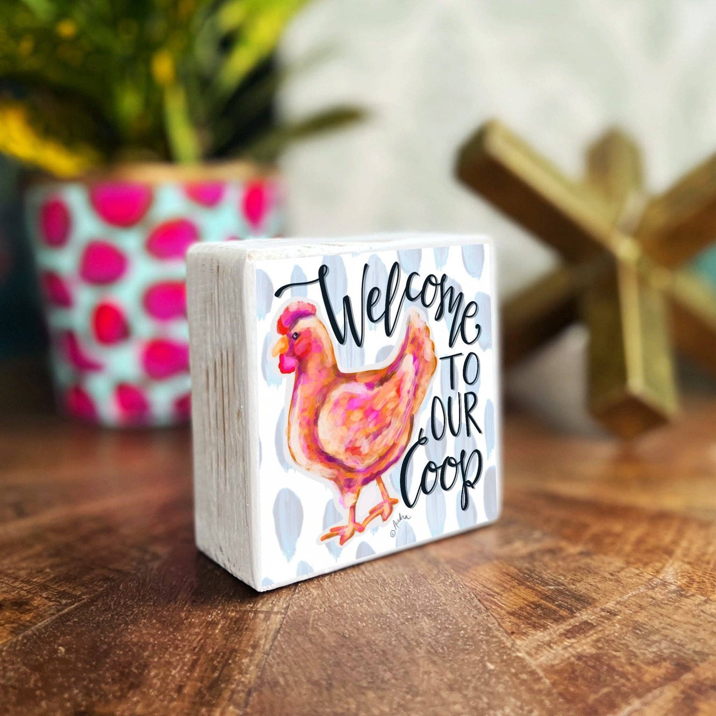 Pink Chicken Wood Block Farm Farmhouse Decor Sign Shelf Sitter