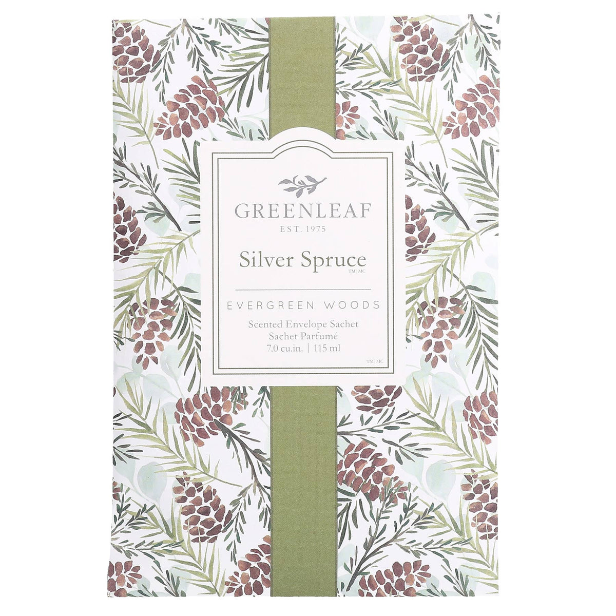 Greenleaf Gifts Silver Spruce Large Scented Sachet with watercolor evergreen branches and pinecones, featuring fresh fir and cedarwood fragrance