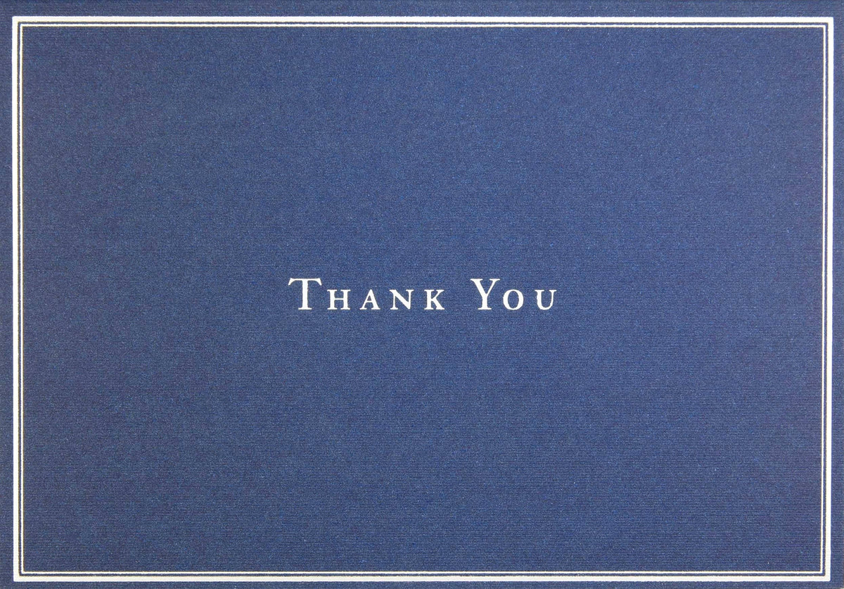 Navy Blue Thank You Notes by Peter Pauper Press, boxed set of 14 navy cards with silver foil lettering and 15 ivory envelopes