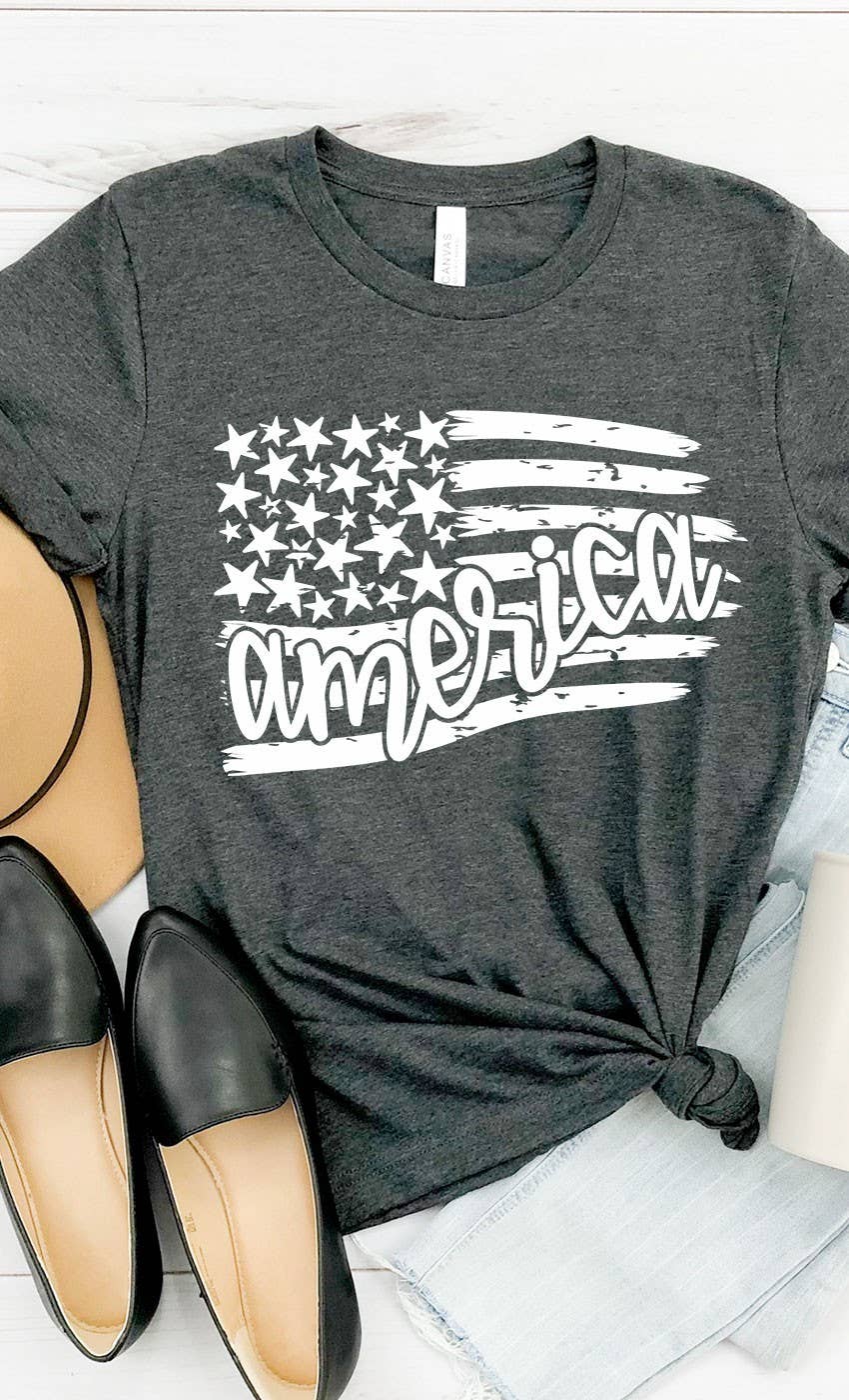 America Flag 4th of July graphic tee: Heather Charcoal