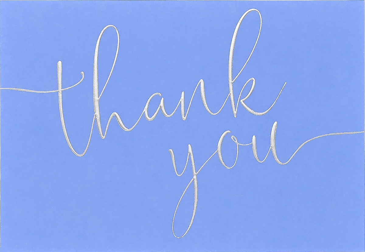 Periwinkle Thank You Notes by Peter Pauper Press, boxed set of 14 periwinkle cards with silver foil lettering and 15 self-sealing envelopes