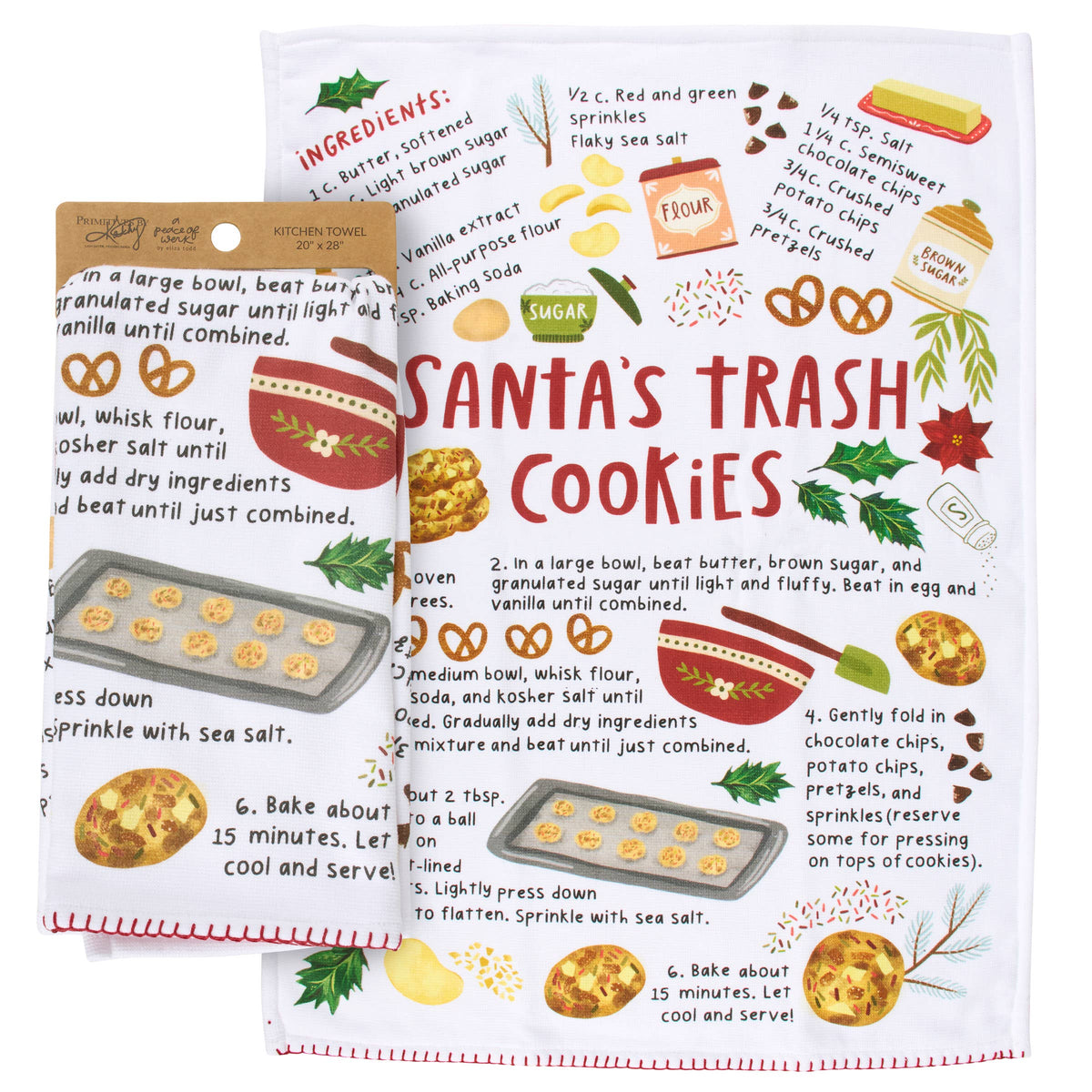 Santa's Trash Cookies Christmas Kitchen Towel by Primitives by Kathy featuring illustrated cookie recipe