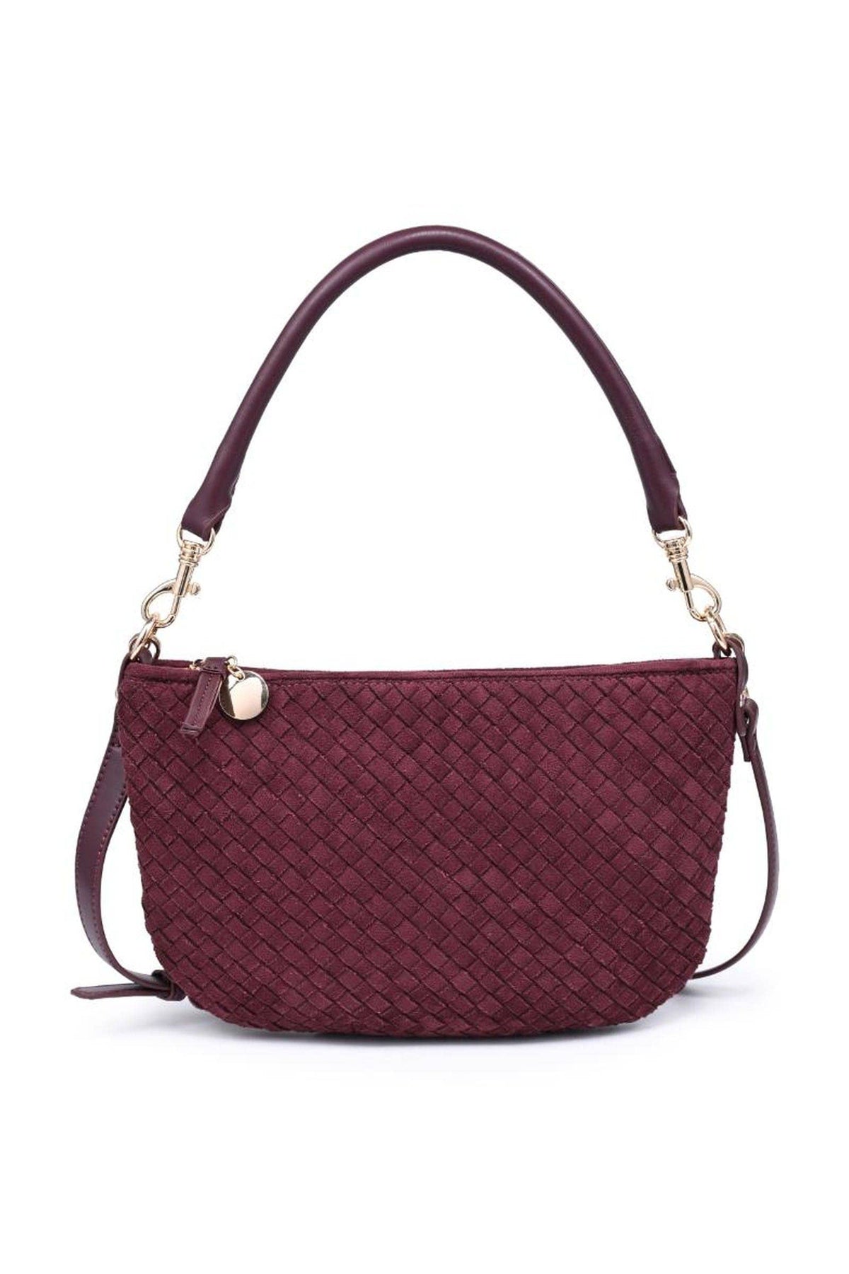 Jordan woven-texture zip shoulder bag by MiMi Wholesale with curved silhouette and additional long strap