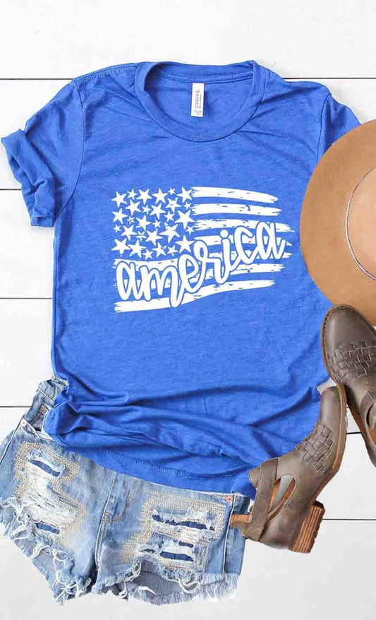 America Flag 4th of July graphic tee: Heather Royal Blue