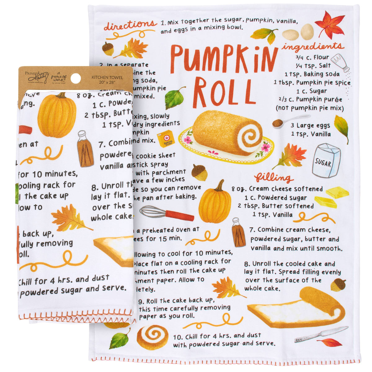 Pumpkin Roll Recipe Kitchen Towel by Primitives by Kathy featuring illustrated fall baking instructions