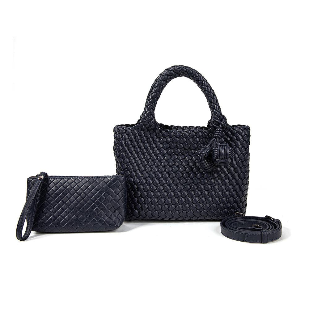 Daya Mini Woven Tote Bag in Navy with pewter-tone hardware and decorative monkey fist knot bag charm