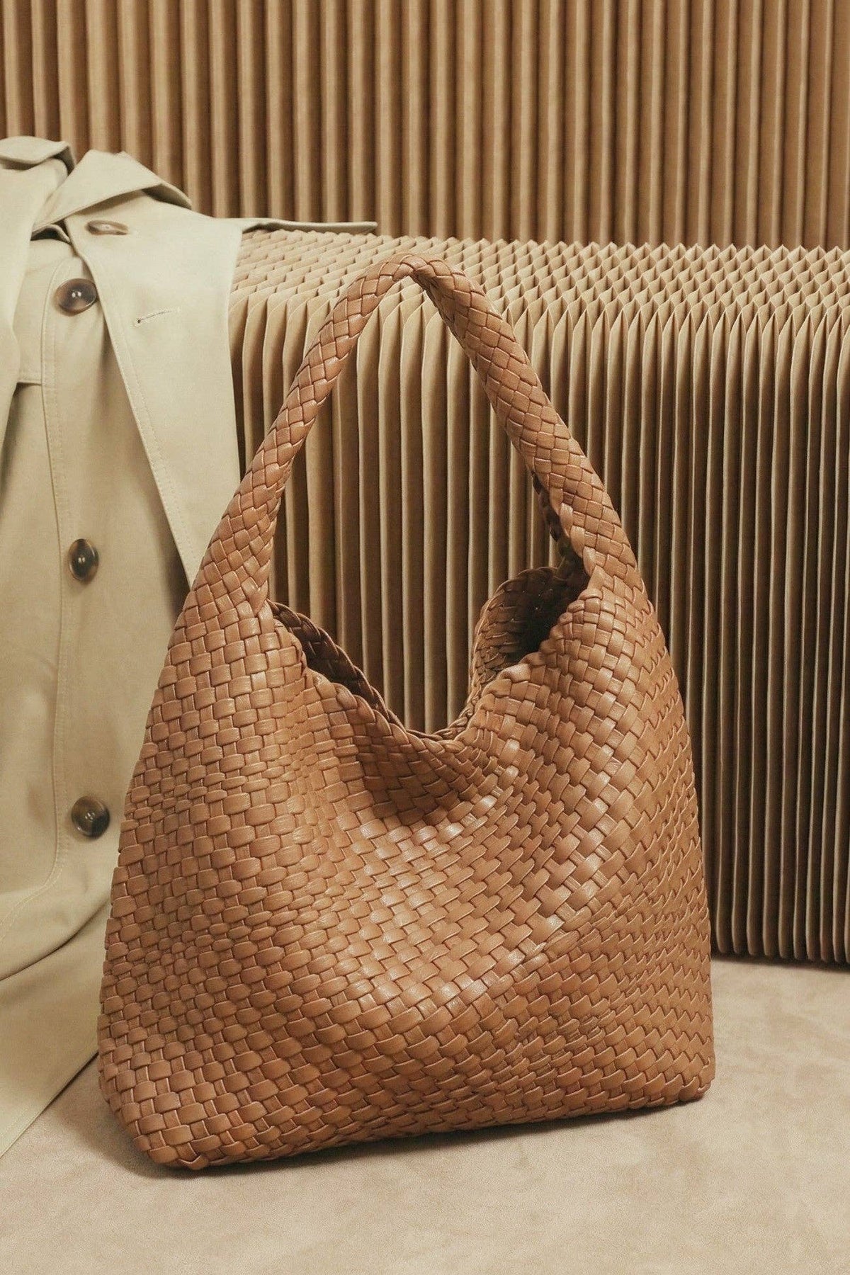 Tiara Woven Hobo Tote Bag in Brown with gold-tone hardware and coordinating pouch with wristlet strap
