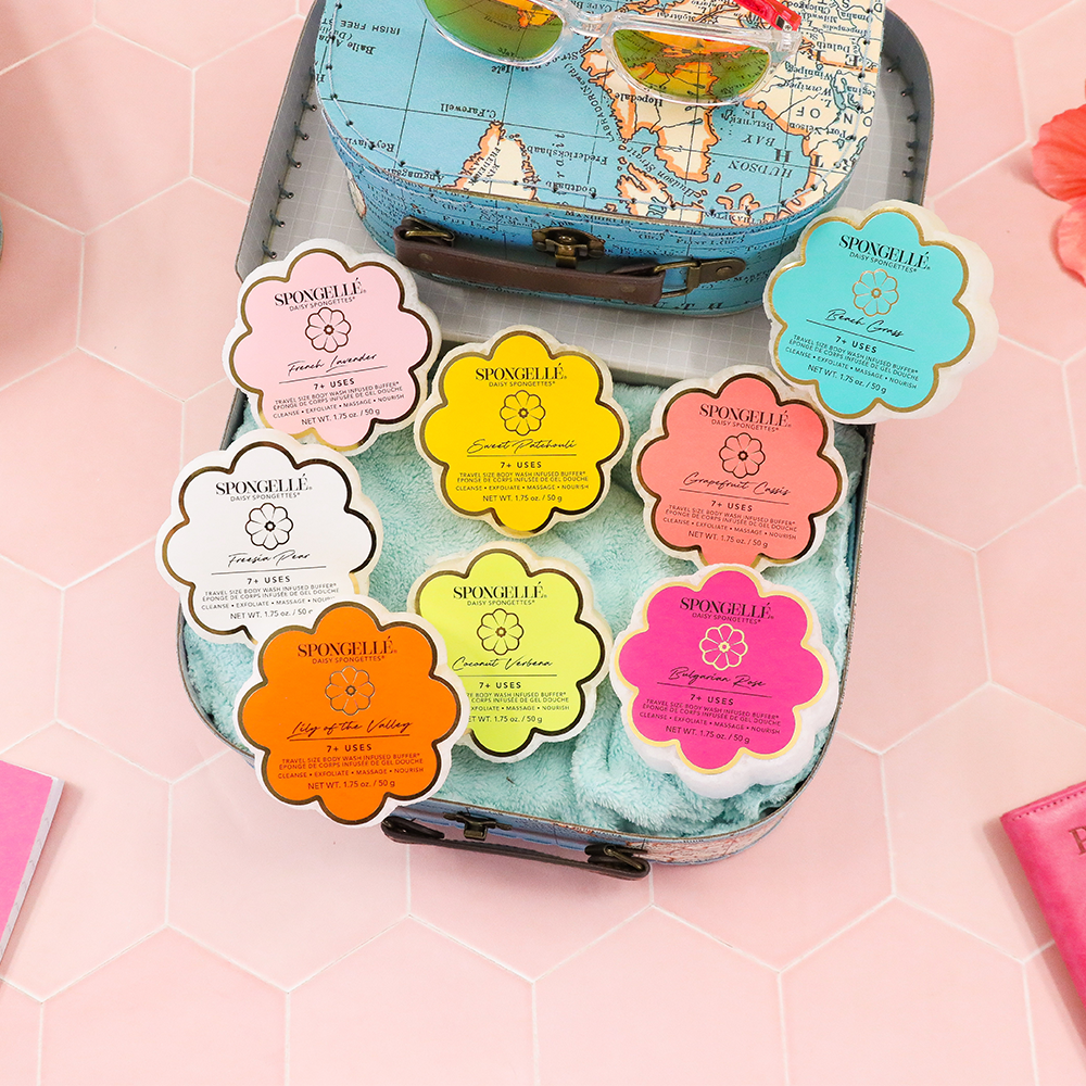 Spongellé Daisy Spongette flower-shaped body wash infused buffer available in eight fragrances