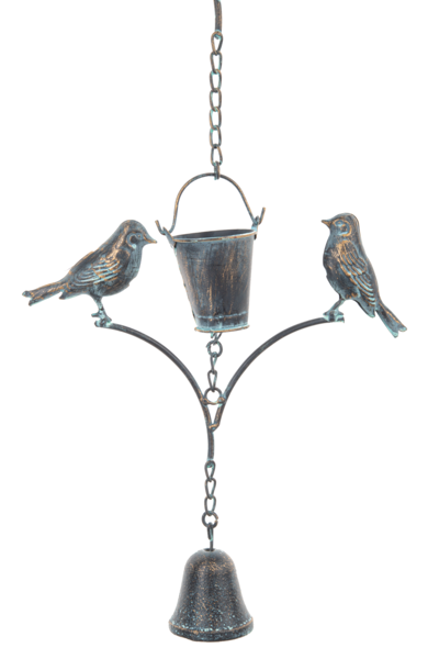 Bronze Patina Bucket with Birds, Rain Chain