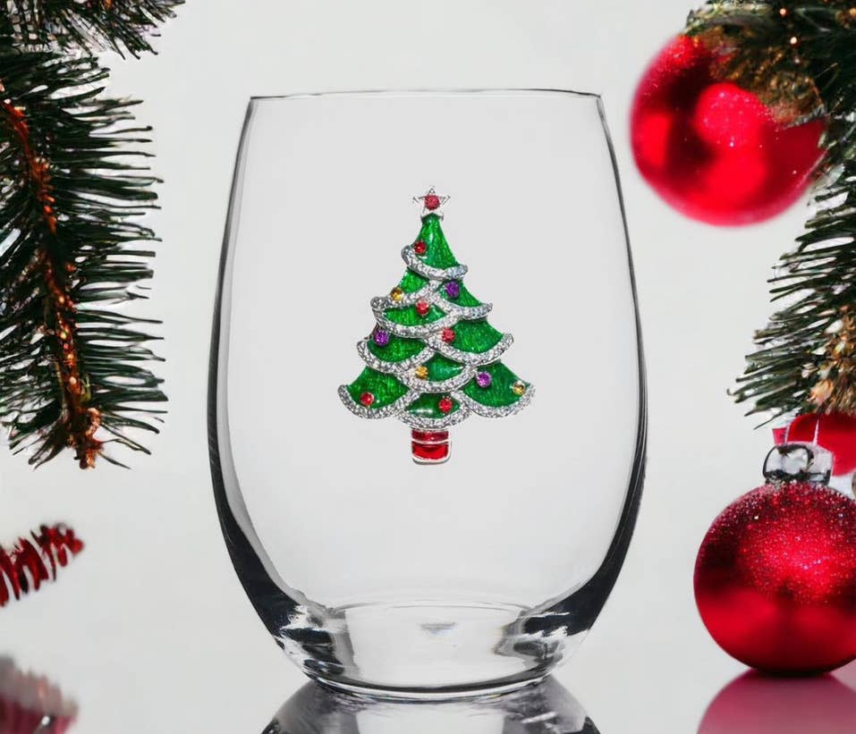 Christmas Tree Jeweled Stemless Wine Glass