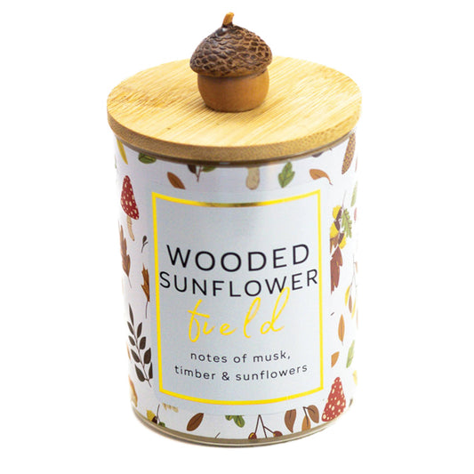 Wooded Sunflower Field 10 oz scented glass jar candle by A Cheerful Giver