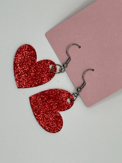 Faux Leather Earrings -Red glitter hearts